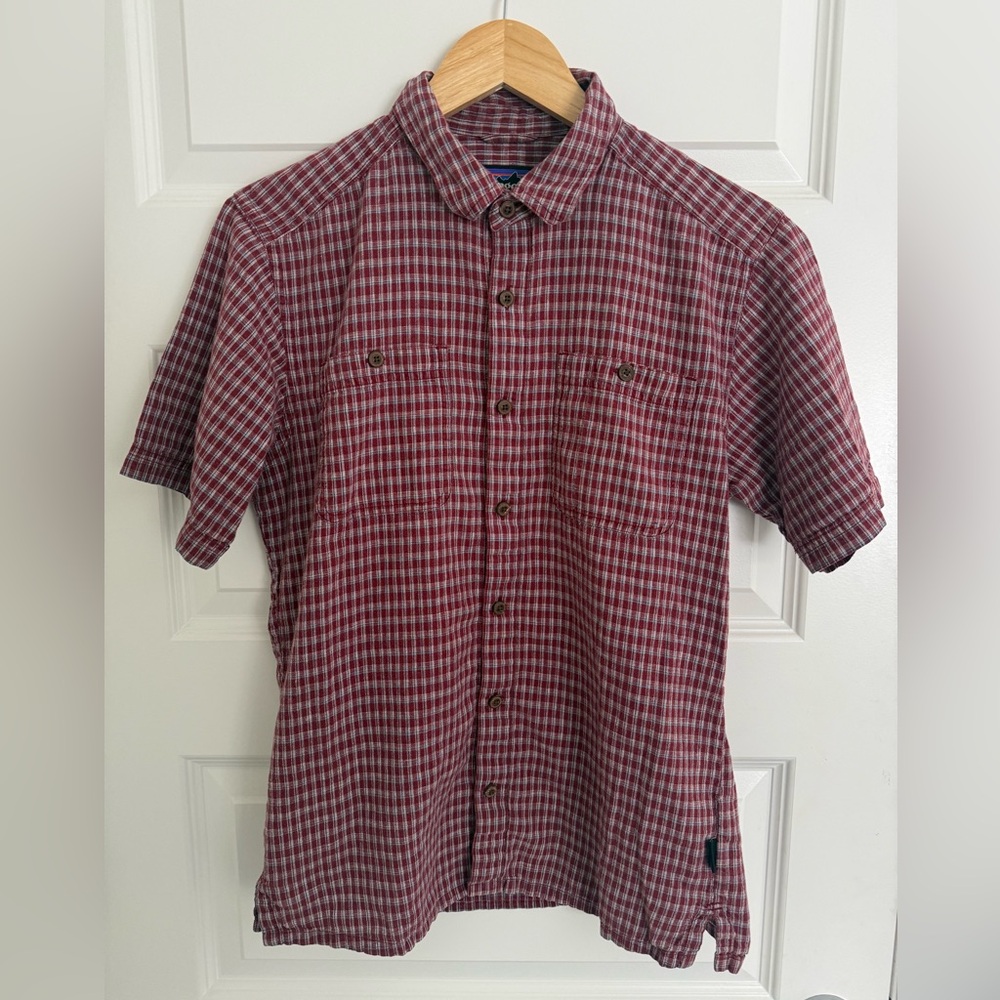 Patagonia Mens Back Step Button Down Shirt Small Red Plaid Cotton Outdoor Hemp